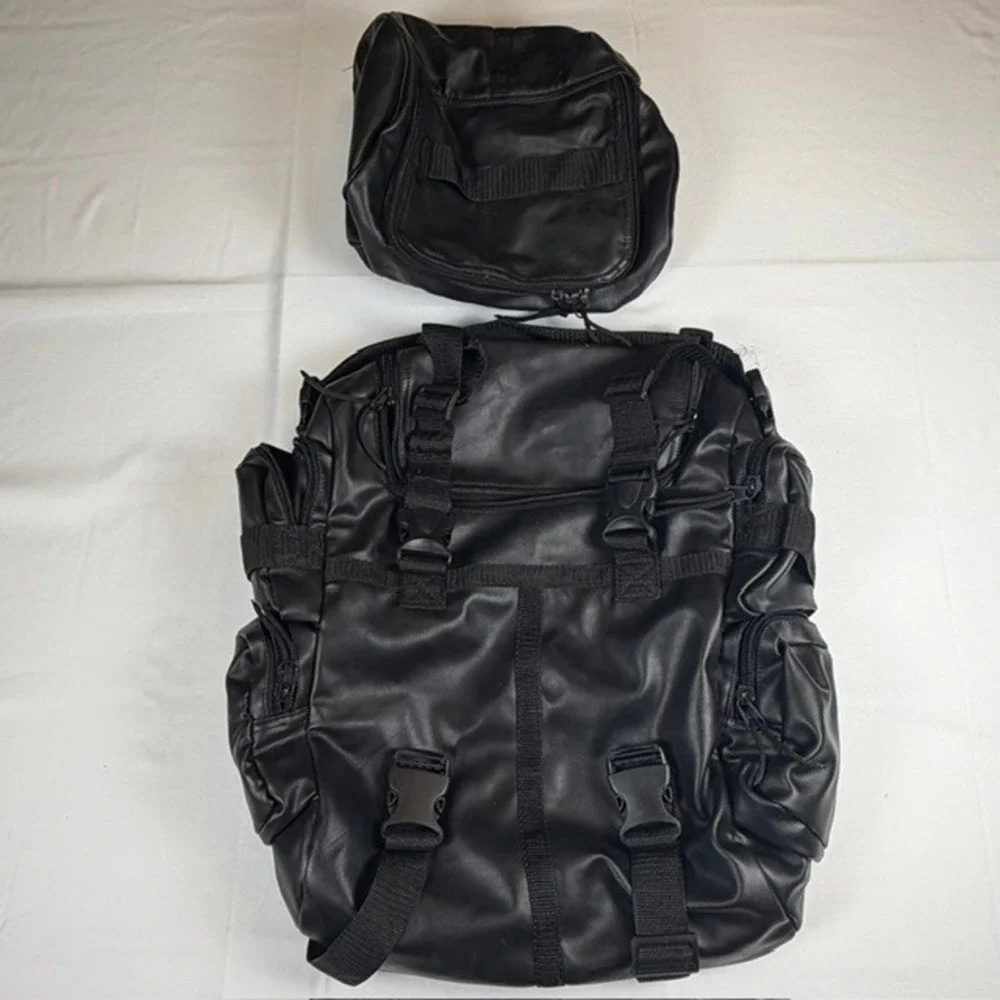 Black Faux Leather Motorcycle Tail Bag Sissy Bar Travel Luggage with Straps